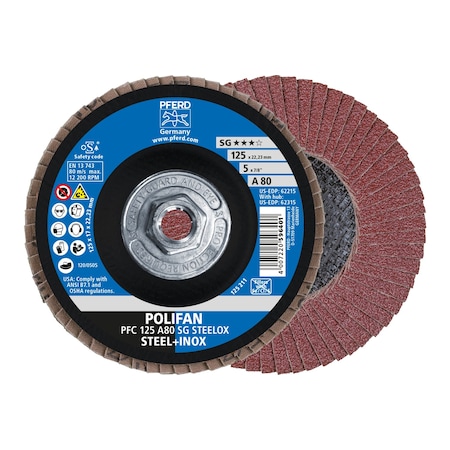 Pferd 5" x 5/8-11 Thd. POLIFAN Flap Disc - A SG STEELOX, Aluminum oxide, 80 Grit, Conical 62315